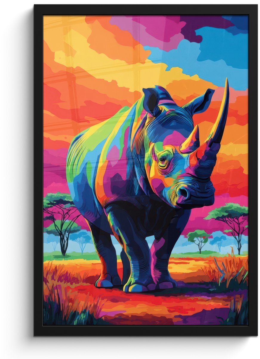 FrameYourWall Poster in lijst - Fotolijst 40x60 cm - Posters - Neushoorn - Zonsondergang - Savanna - Kleurrijk - Posterlijst zwart - Decoratie - Wanddecoratie woonkamer - Muurdecoratie slaapkamer Neushoorn - Kleurrijk