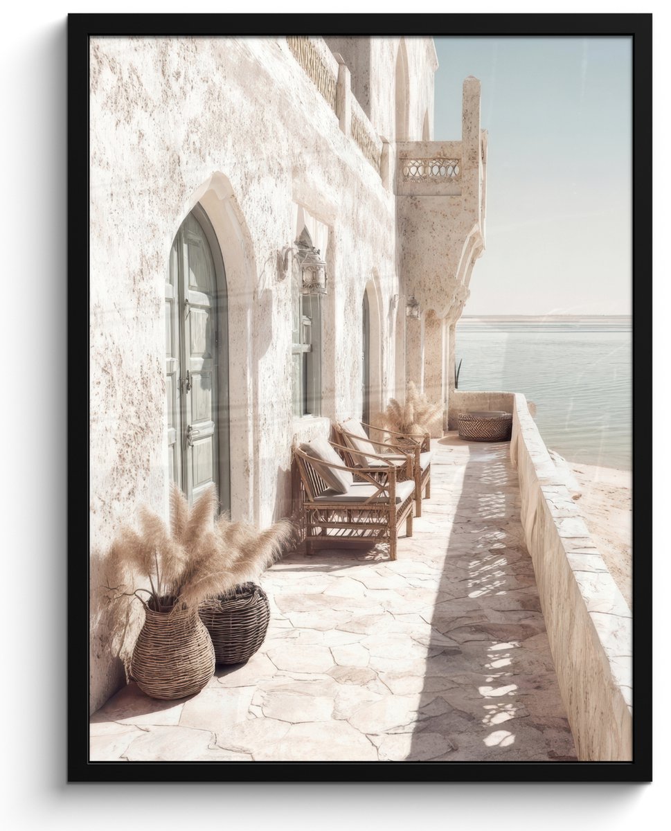 FrameYourWall Poster in lijst - Fotolijst 60x80 cm - Posters - Terras - Stoelen - Strand - Beige - Posterlijst zwart - Decoratie - Wanddecoratie woonkamer - Muurdecoratie slaapkamer Huis - Stoelen - Strand