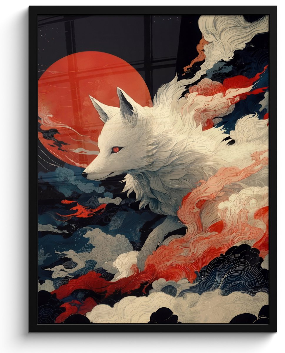 FrameYourWall Poster in lijst - Fotolijst 60x80 cm - Posters - Witte vos - wolken - maan - Posterlijst zwart - Decoratie - Wanddecoratie woonkamer - Muurdecoratie slaapkamer