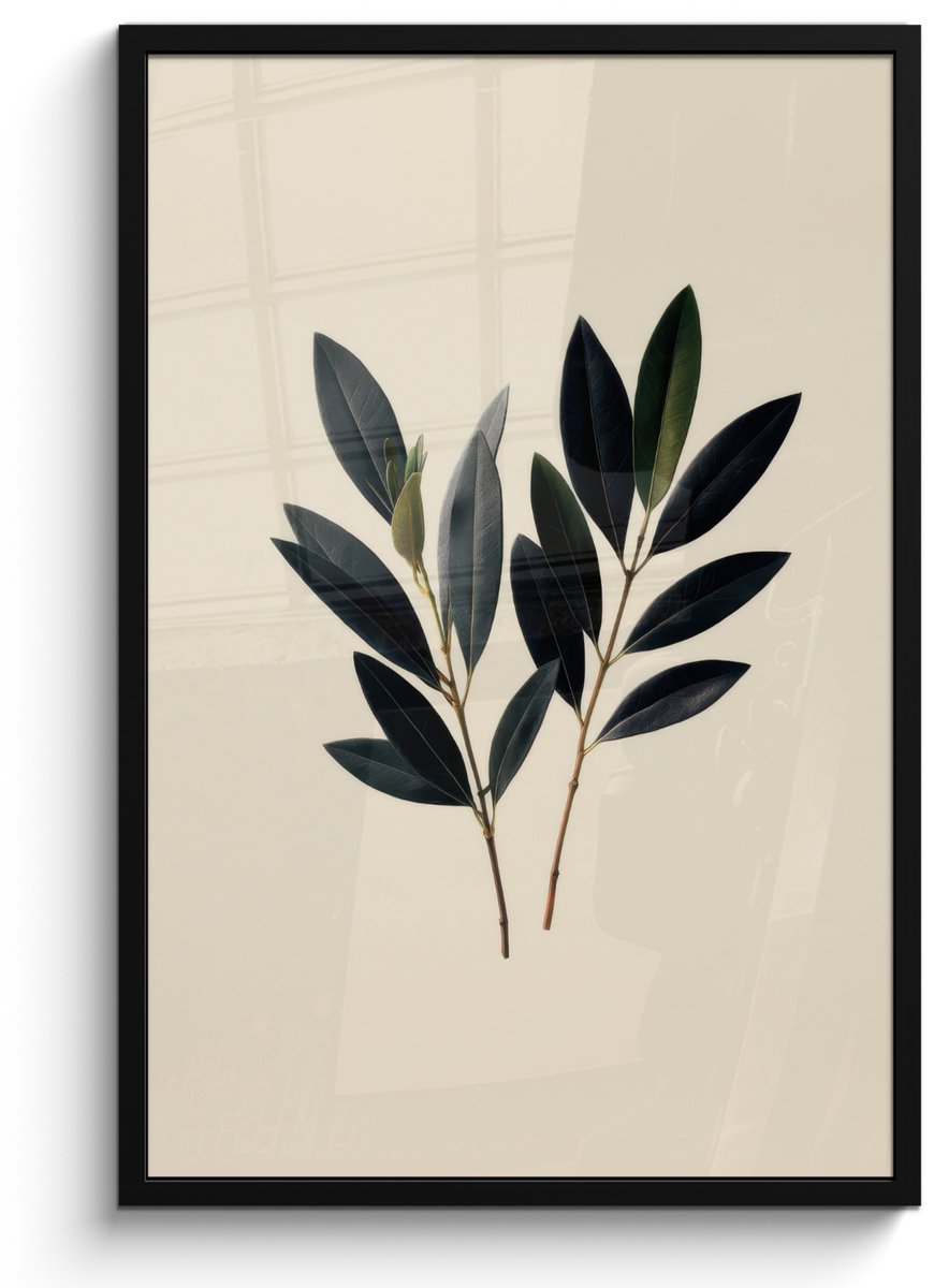 FrameYourWall Poster in lijst - Fotolijst 60x90 cm - Posters - Ovaalvormige bladeren - Diep groen - Symmetrisch - Posterlijst zwart - Decoratie - Wanddecoratie woonkamer - Muurdecoratie slaapkamer
