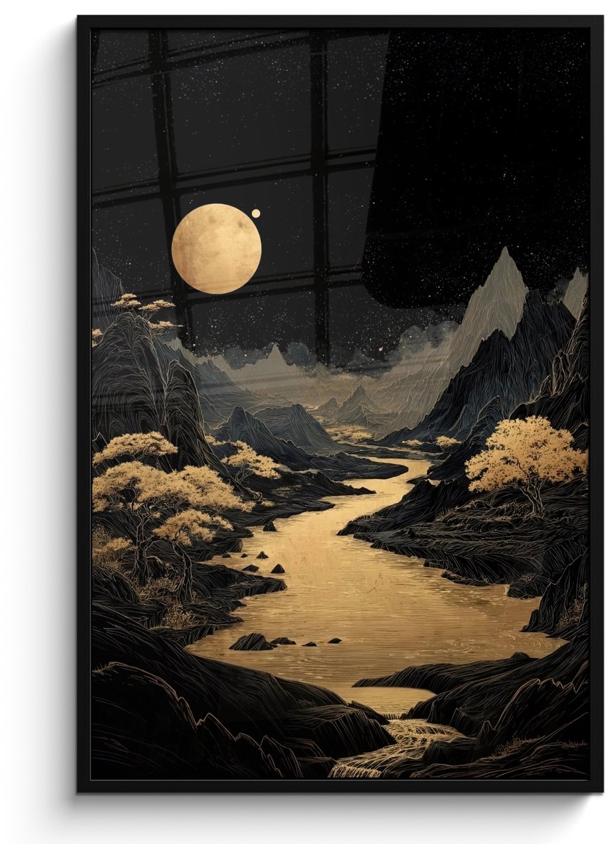 FrameYourWall Poster in lijst - Fotolijst 80x120 cm - Posters - Gouden rivier - Bergen - Maan - Sterrenhemel - Posterlijst zwart - Decoratie - Wanddecoratie woonkamer - Muurdecoratie slaapkamer