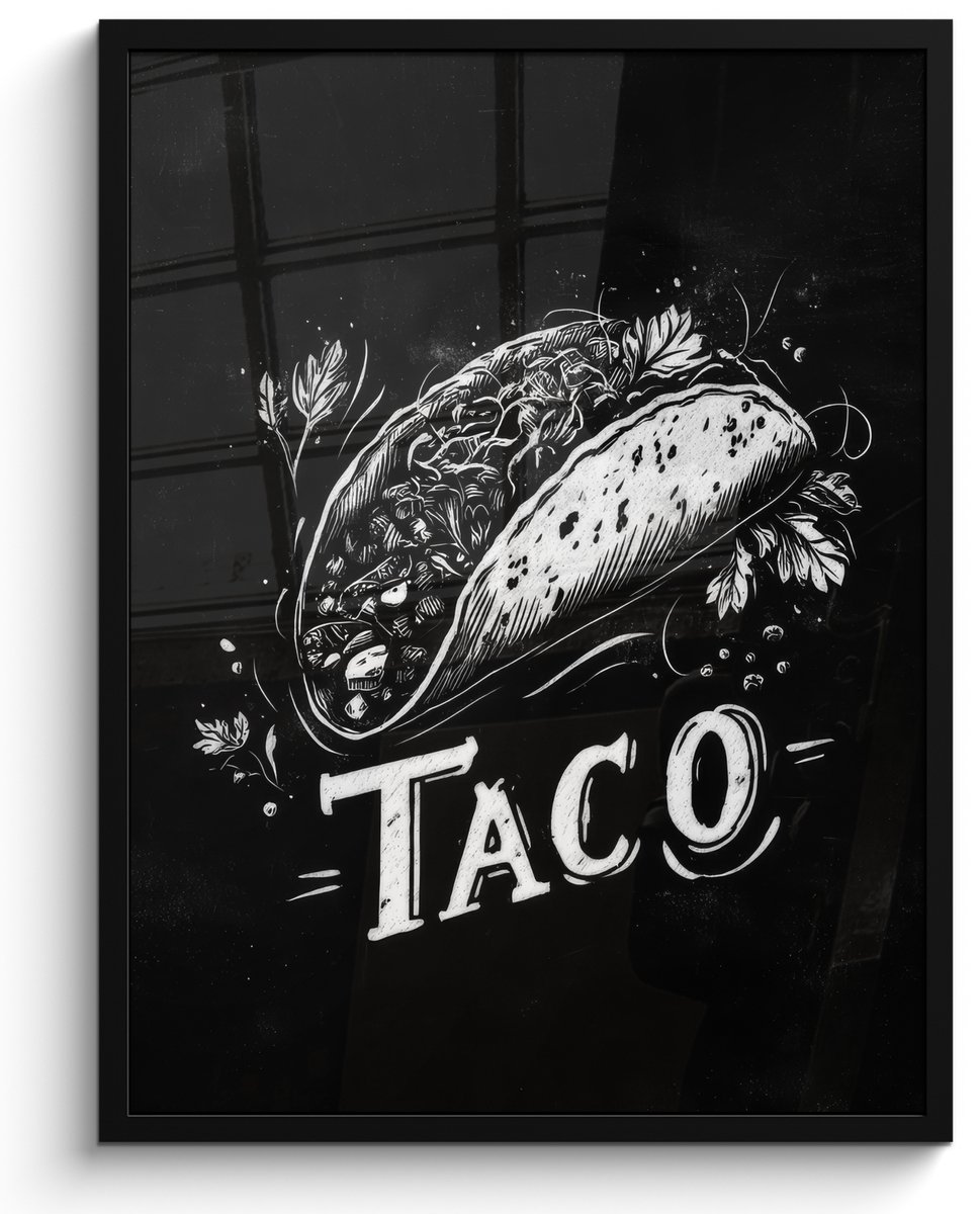FrameYourWall Poster in lijst - Fotolijst 60x80 cm - Posters - Taco - Kruiden - Witte krijtstijl - Tekst - Posterlijst zwart - Decoratie - Wanddecoratie woonkamer - Muurdecoratie slaapkamer