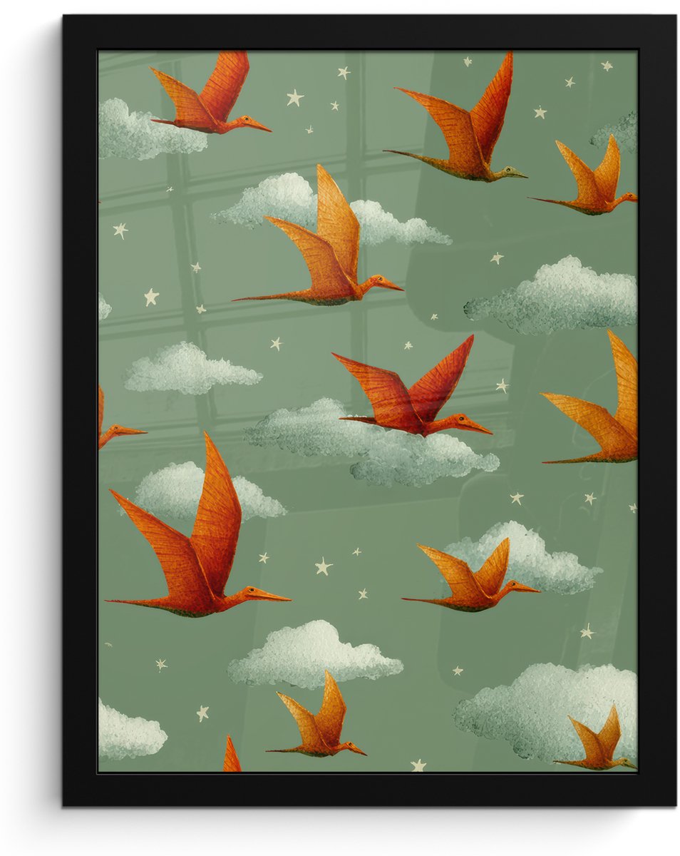 FrameYourWall Poster in lijst - Fotolijst 30x40 cm - Posters - Dinosaurussen - Wolken - Sterren - Oranje - Posterlijst zwart - Decoratie - Wanddecoratie woonkamer - Muurdecoratie slaapkamer