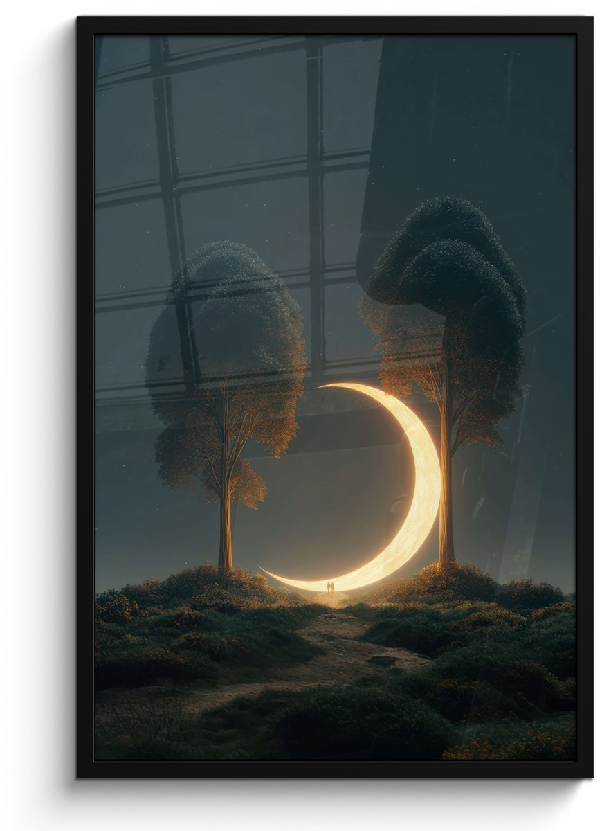 FrameYourWall Poster in lijst - Fotolijst 60x90 cm - Posters - Maan - Bomen - Wandeling - Posterlijst zwart - Decoratie - Wanddecoratie woonkamer - Muurdecoratie slaapkamer Bomen - Maan