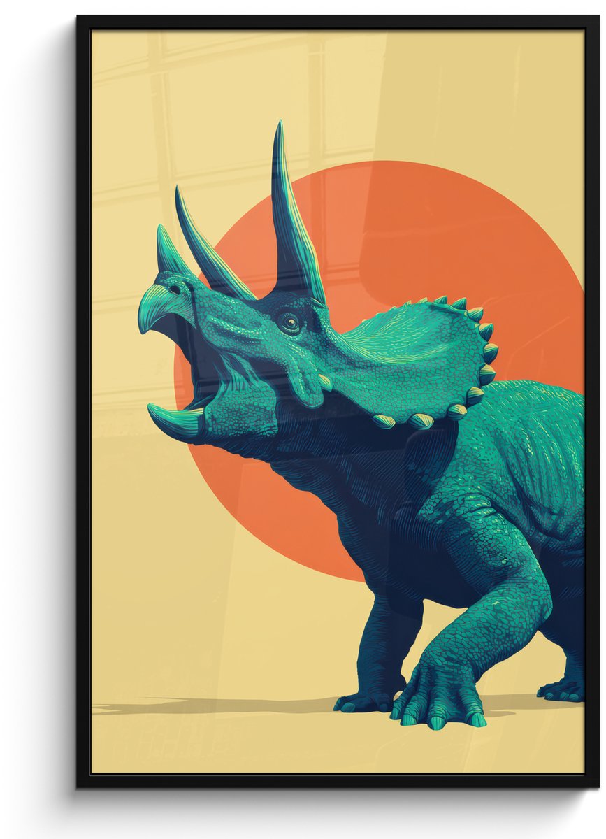 FrameYourWall Poster in lijst - Fotolijst 80x120 cm - Posters - Triceratops - Cirkel - Oranje - Hoorns - Posterlijst zwart - Decoratie - Wanddecoratie woonkamer - Muurdecoratie slaapkamer