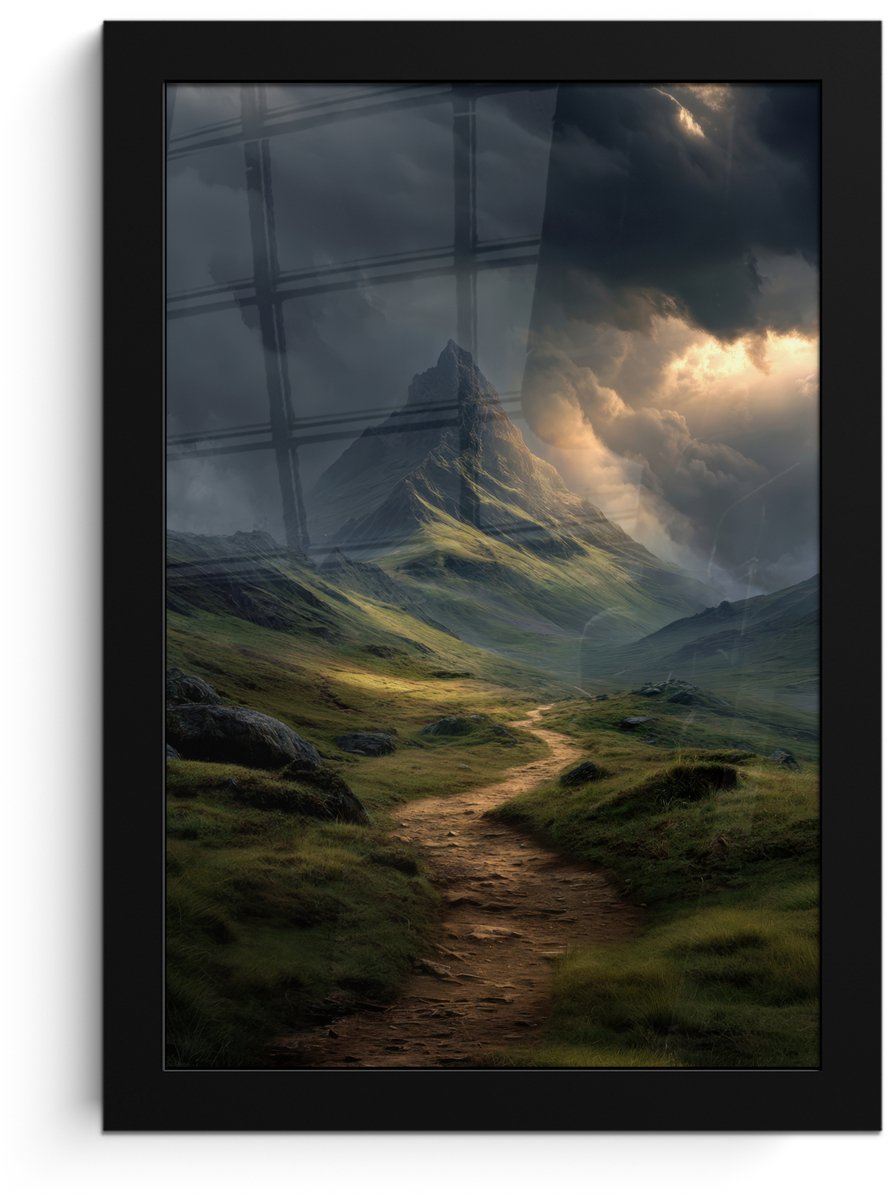 FrameYourWall Poster in lijst - Fotolijst 20x30 cm - Posters - Bergen - Kronkelpad - Groen - Wolken - Posterlijst zwart - Decoratie - Wanddecoratie woonkamer - Muurdecoratie slaapkamer Bergen - Pad - Wolken