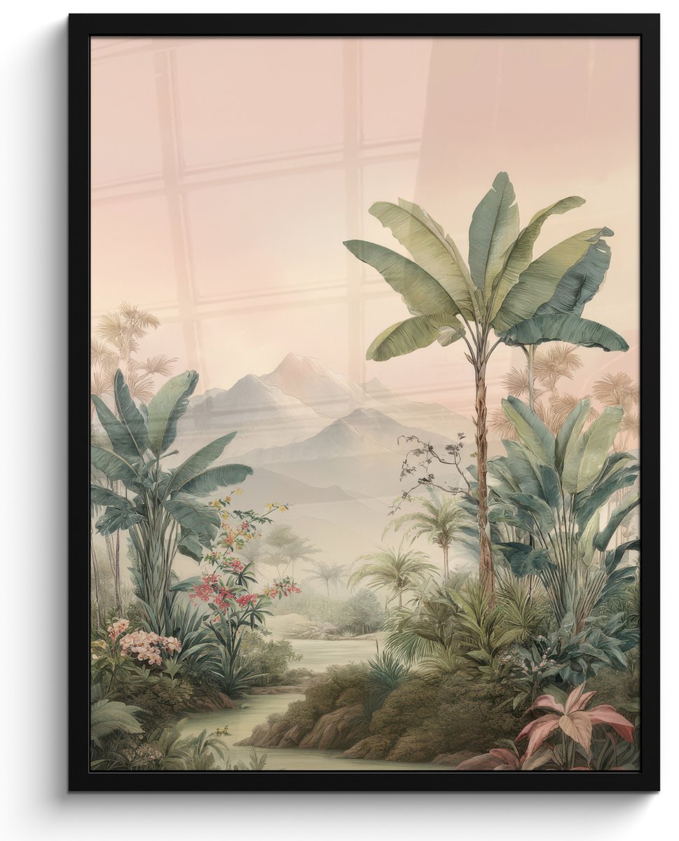 FrameYourWall Poster in lijst - Fotolijst 60x80 cm - Posters - Tropisch landschap - palmbomen - Bloemen - Roze lucht - Posterlijst zwart - Decoratie - Wanddecoratie woonkamer - Muurdecoratie slaapkamer Tropisch - Landschap