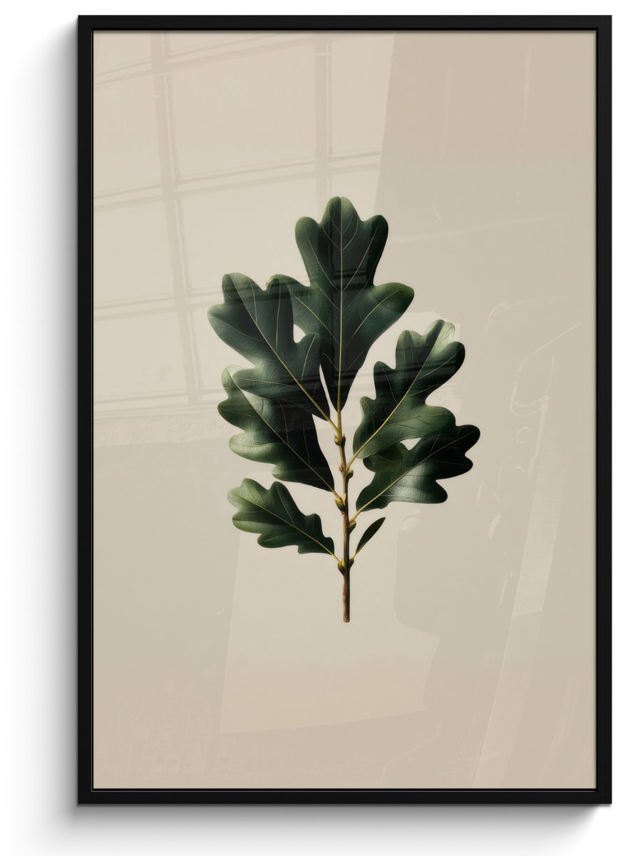 FrameYourWall Poster in lijst - Fotolijst 80x120 cm - Posters - Eikenbladeren - Beige - Groen - Golvende randen - Posterlijst zwart - Decoratie - Wanddecoratie woonkamer - Muurdecoratie slaapkamer