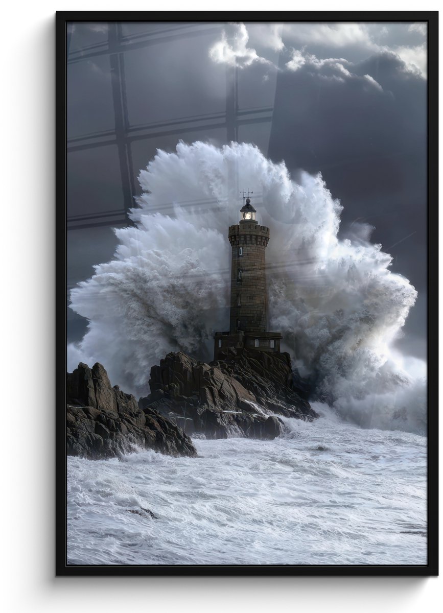 FrameYourWall Poster in lijst - Fotolijst 80x120 cm - Posters - Golf - Vuurtoren - Schuimend water - Posterlijst zwart - Decoratie - Wanddecoratie woonkamer - Muurdecoratie slaapkamer