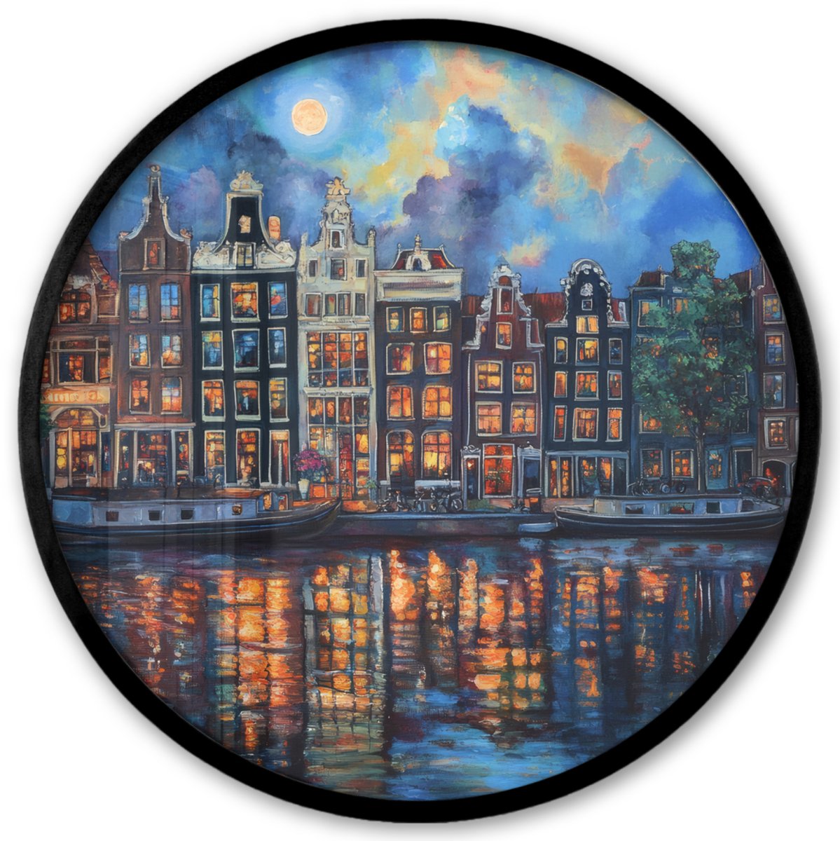 FrameYourWall Poster in lijst Rond - Fotolijst 40x40 cm - Posters - Grachten Amsterdam - Huizen - Stad - Kleurrijk - Ronde posterlijst zwart - Decoratie - Wanddecoratie woonkamer - Muurdecoratie slaapkamer Grachten - Huizen