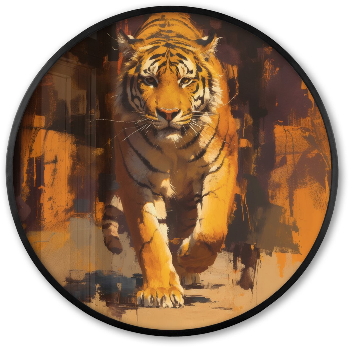 FrameYourWall Poster in lijst Rond - Fotolijst 80x80 cm - Posters - Tijger - Geschilderd - Oranje - Penseelstreken - Ronde posterlijst zwart - Decoratie - Wanddecoratie woonkamer - Muurdecoratie slaapkamer