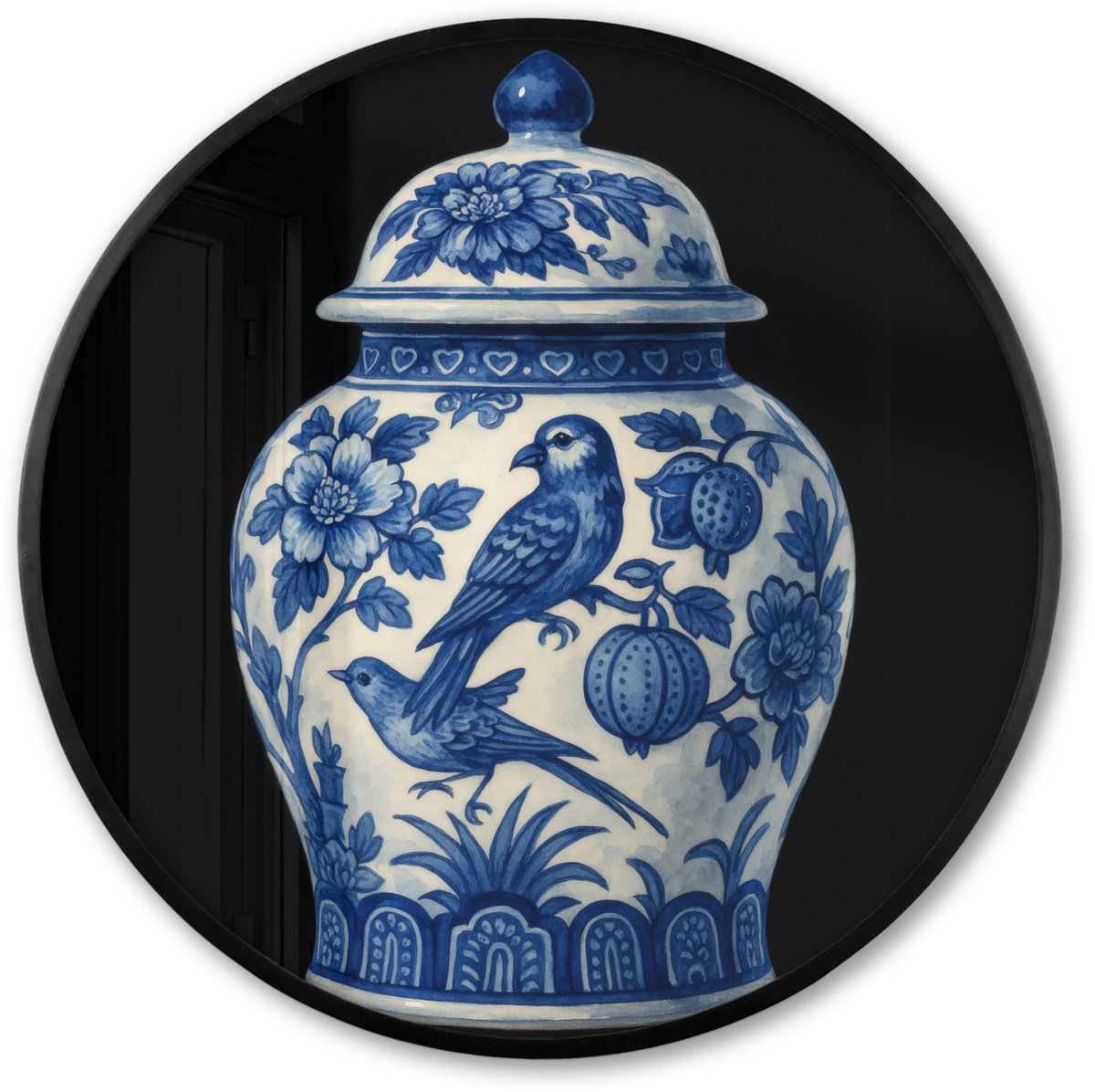 FrameYourWall Poster in lijst Rond - Fotolijst 80x80 cm - Posters - Pot - Delfts Blauw - Bloemen - Ronde posterlijst zwart - Decoratie - Wanddecoratie woonkamer - Muurdecoratie slaapkamer Pot - Vogel - Bloemen