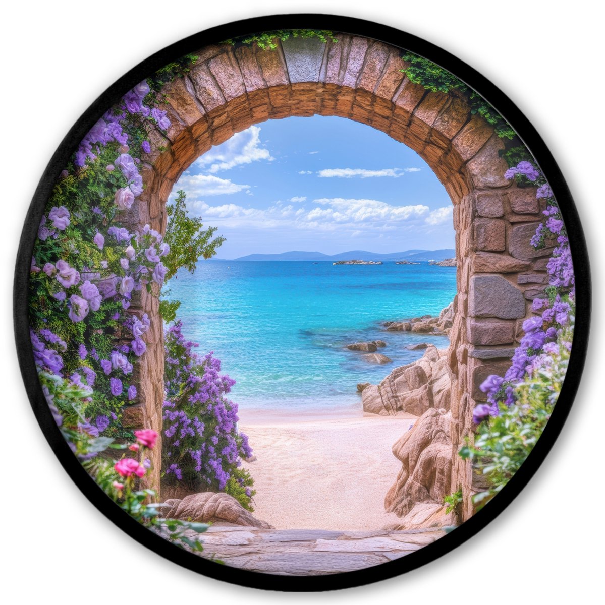 FrameYourWall Poster in lijst Rond - Fotolijst 40x40 cm - Posters - Doorkijk - Poort - Zee - Strand - Rotsen - Ronde posterlijst zwart - Decoratie - Wanddecoratie woonkamer - Muurdecoratie slaapkamer