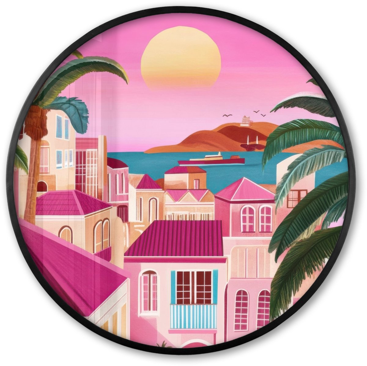 FrameYourWall Poster in lijst Rond - Fotolijst 60x60 cm - Posters - Stad - Roze - Palmbomen - Ronde posterlijst zwart - Decoratie - Wanddecoratie woonkamer - Muurdecoratie slaapkamer Stad - Zonsondergang