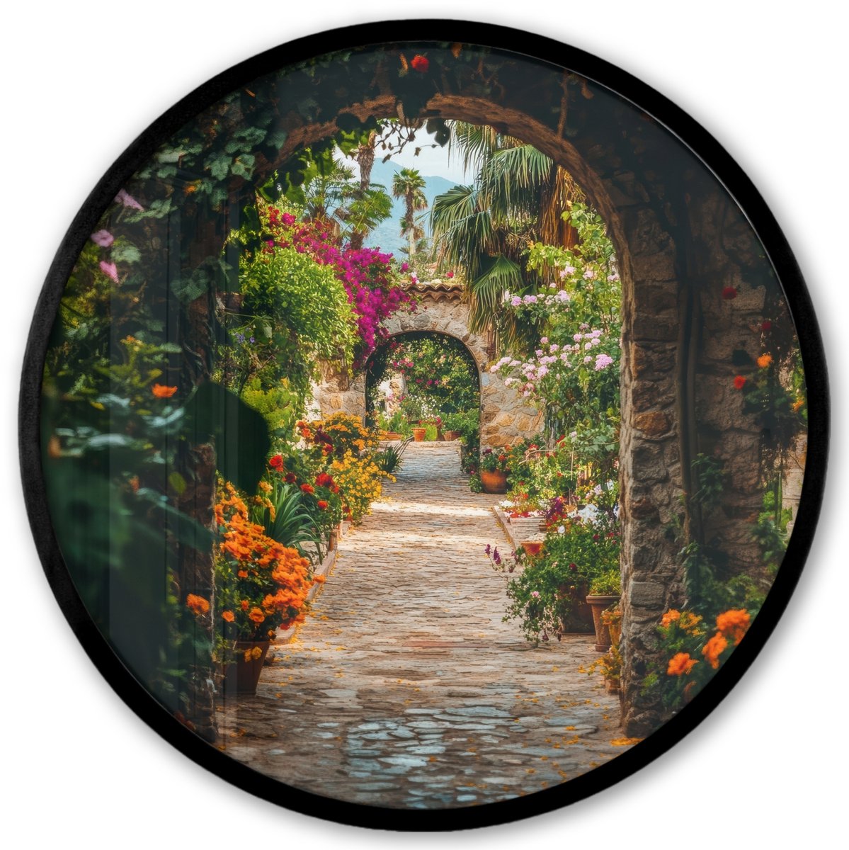 FrameYourWall Poster in lijst Rond - Fotolijst 40x40 cm - Posters - Doorkijk - Bloemen - Poort - Stenen - Ronde posterlijst zwart - Decoratie - Wanddecoratie woonkamer - Muurdecoratie slaapkamer Doorkijk - Bloementuin
