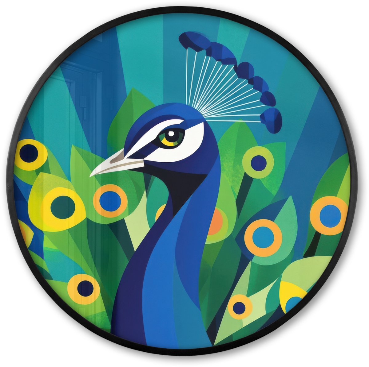 FrameYourWall Poster in lijst Rond - Fotolijst 60x60 cm - Posters - Pauw - Cirkels - Blauw - Ronde posterlijst zwart - Decoratie - Wanddecoratie woonkamer - Muurdecoratie slaapkamer Pauw - Veren