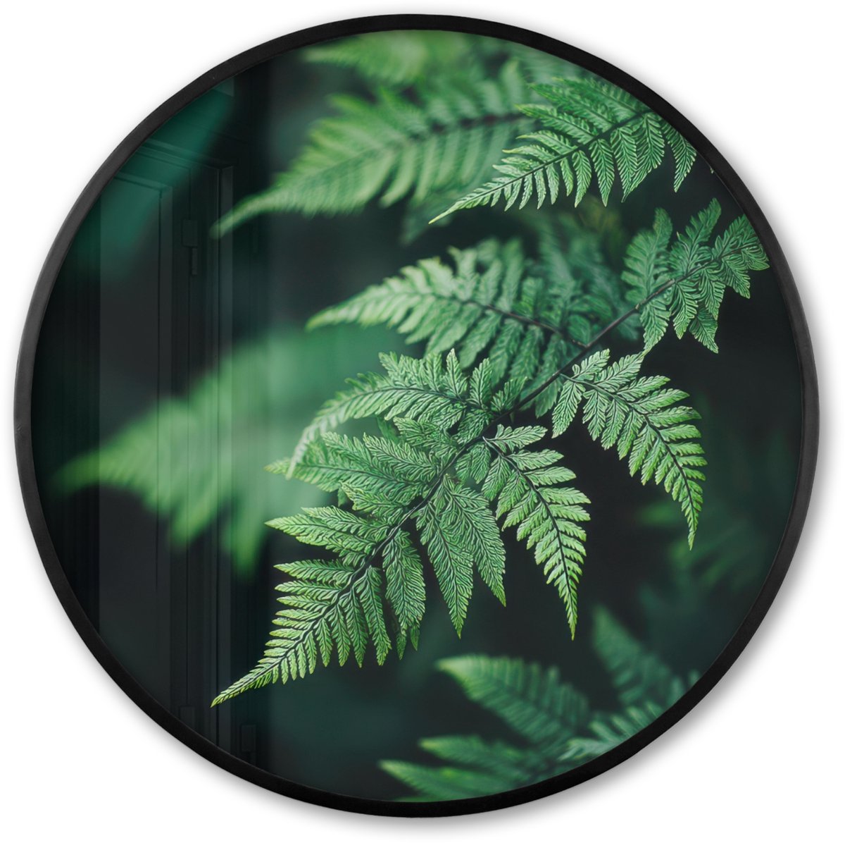 FrameYourWall Poster in lijst Rond - Fotolijst 80x80 cm - Posters - Varenblad - Groen - Structuur - Wazig - Ronde posterlijst zwart - Decoratie - Wanddecoratie woonkamer - Muurdecoratie slaapkamer