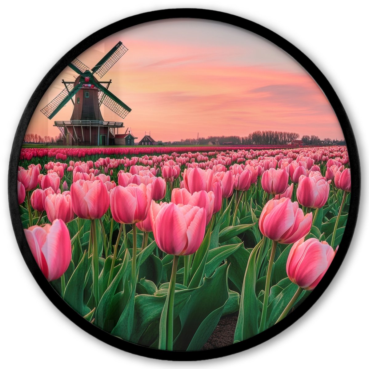 FrameYourWall Poster in lijst Rond - Fotolijst 40x40 cm - Posters - Tulpen - Molen - Nederland - Ronde posterlijst zwart - Decoratie - Wanddecoratie woonkamer - Muurdecoratie slaapkamer Tulpen - Bloemen