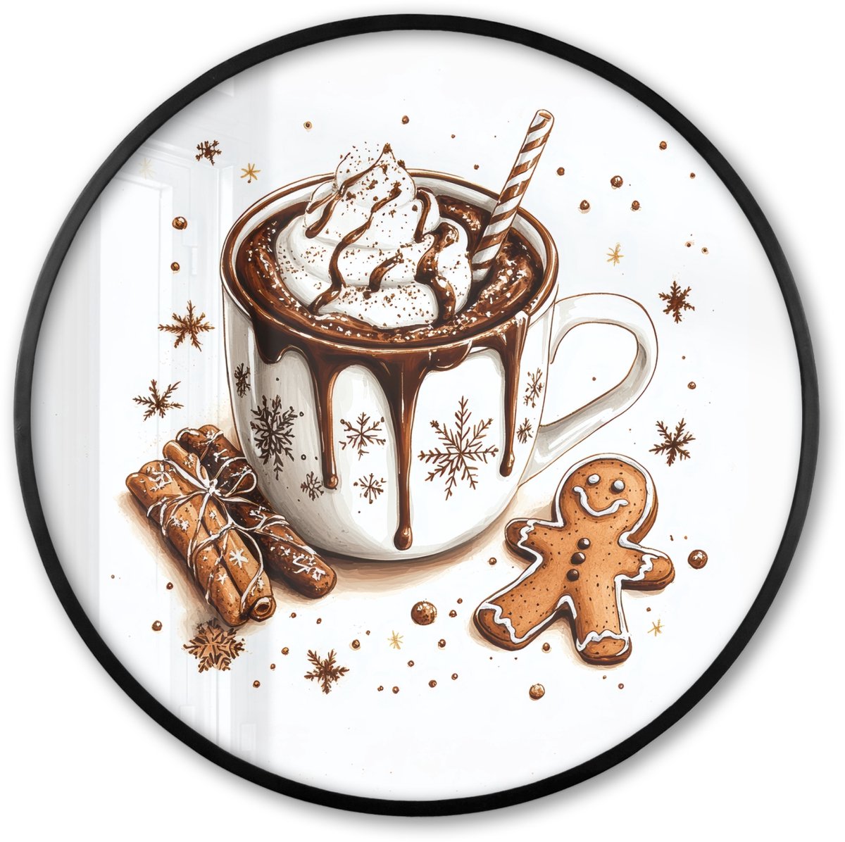 FrameYourWall Poster in lijst Rond - Fotolijst 80x80 cm - Posters - Chocomel - Decoratie - Koek - Winter - Kerst - Ronde posterlijst zwart - Decoratie - Wanddecoratie woonkamer - Muurdecoratie slaapkamer - Kerstversiering - Kerstdecoratie voor binnen - Kerstmis Kerst - Chocolademelk
