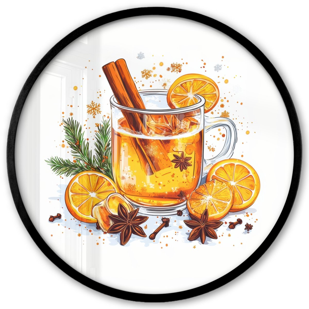 FrameYourWall Poster in lijst Rond - Fotolijst 40x40 cm - Posters - Warm - Thee - Oranje - Kaneel - Ronde posterlijst zwart - Decoratie - Wanddecoratie woonkamer - Muurdecoratie slaapkamer