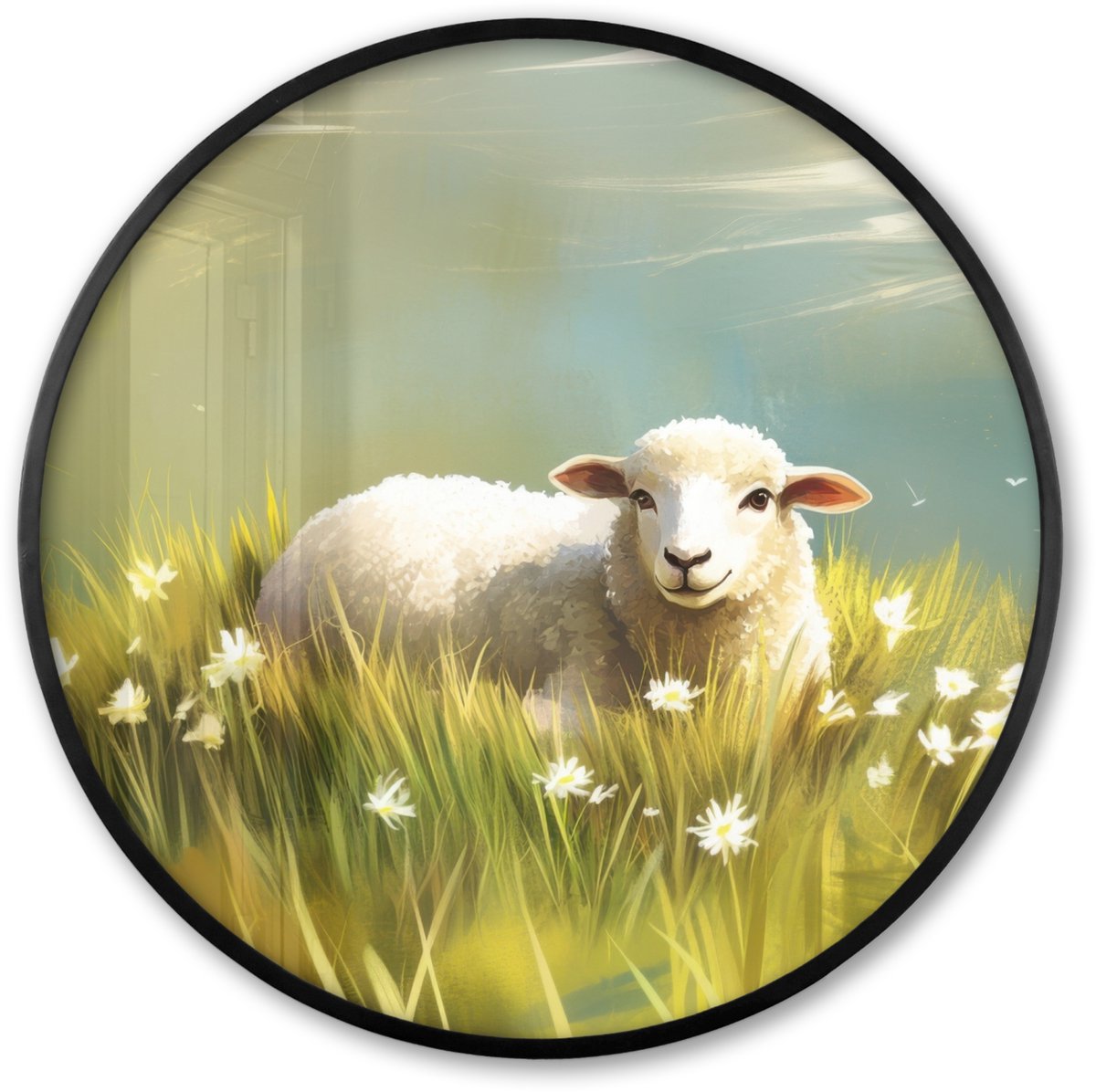 FrameYourWall Poster in lijst Rond - Fotolijst 80x80 cm - Posters - Schaap - Weide - Groen - Ronde posterlijst zwart - Decoratie - Wanddecoratie woonkamer - Muurdecoratie slaapkamer Landschap - Schaap