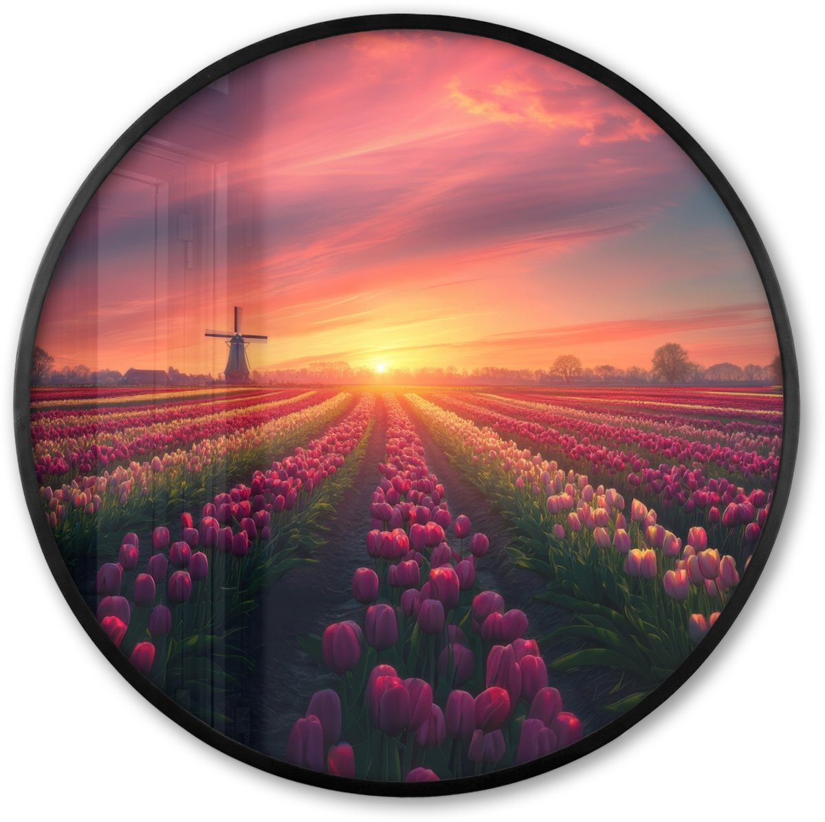 FrameYourWall Poster in lijst Rond - Fotolijst 80x80 cm - Posters - Windmolen - Zonsondergang - Landschap - Ronde posterlijst zwart - Decoratie - Wanddecoratie woonkamer - Muurdecoratie slaapkamer Bloemen - Tulpen