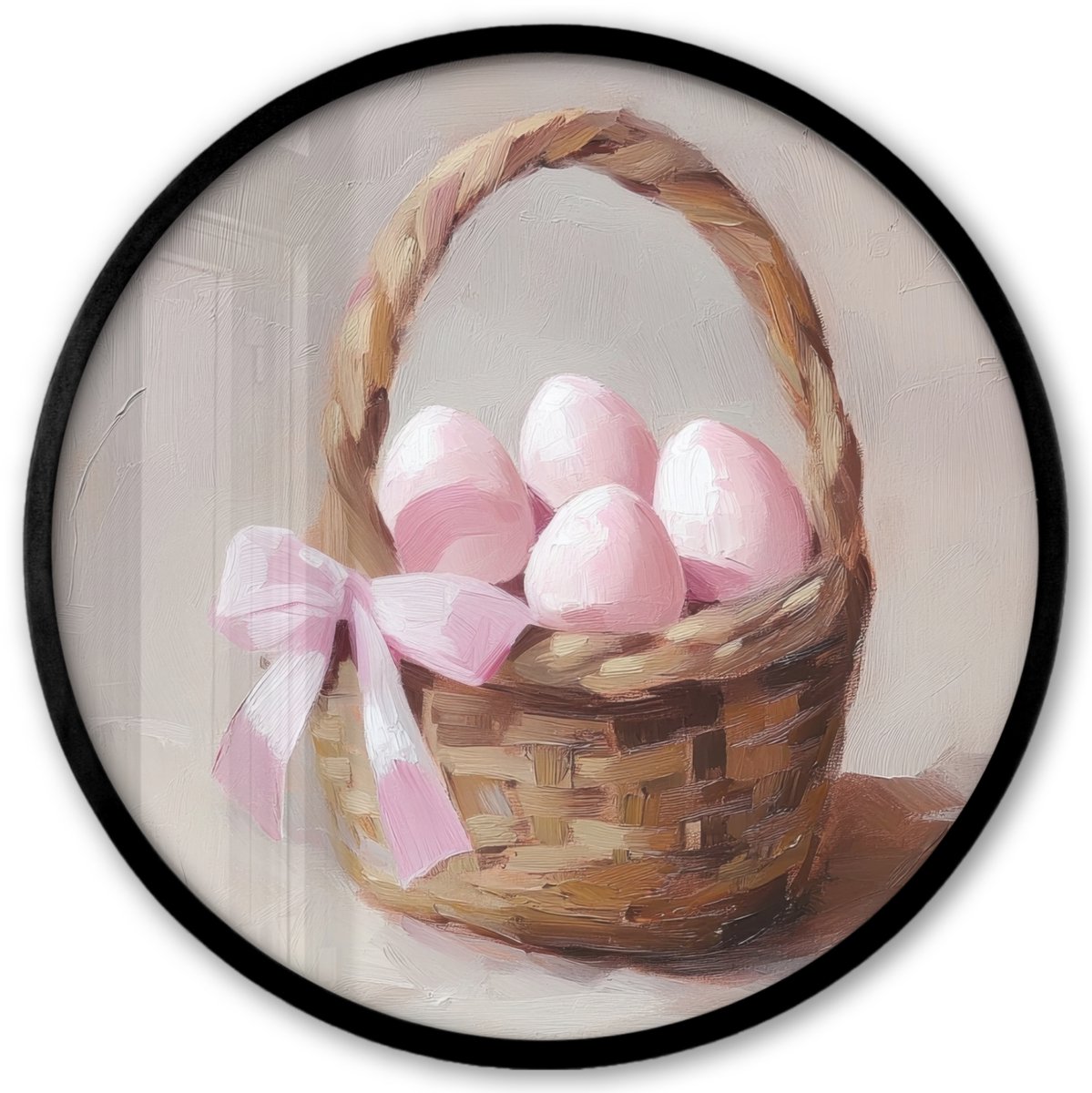 FrameYourWall Poster in lijst Rond - Fotolijst 40x40 cm - Posters - Mand - Eieren - Roze - Ronde posterlijst zwart - Decoratie - Wanddecoratie woonkamer - Muurdecoratie slaapkamer Mandje - Eieren