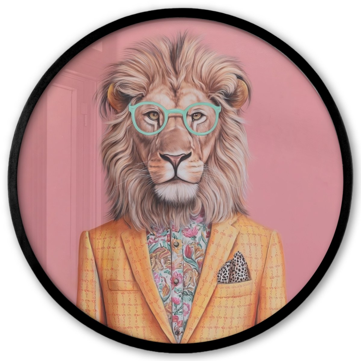 FrameYourWall Poster in lijst Rond - Fotolijst 40x40 cm - Posters - Leeuw - Pak - Geruit - Bril - Ronde posterlijst zwart - Decoratie - Wanddecoratie woonkamer - Muurdecoratie slaapkamer