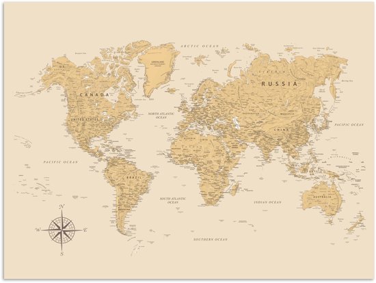 Carte du monde beige avec pays, océans et une rose des vents.