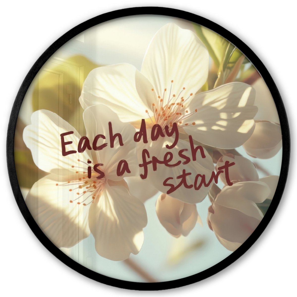 FrameYourWall Poster in lijst Rond - Fotolijst 40x40 cm - Posters - Bloesems - Zonlicht - Quote - Wit - Ronde posterlijst zwart - Decoratie - Wanddecoratie woonkamer - Muurdecoratie slaapkamer Bloesem - Quote