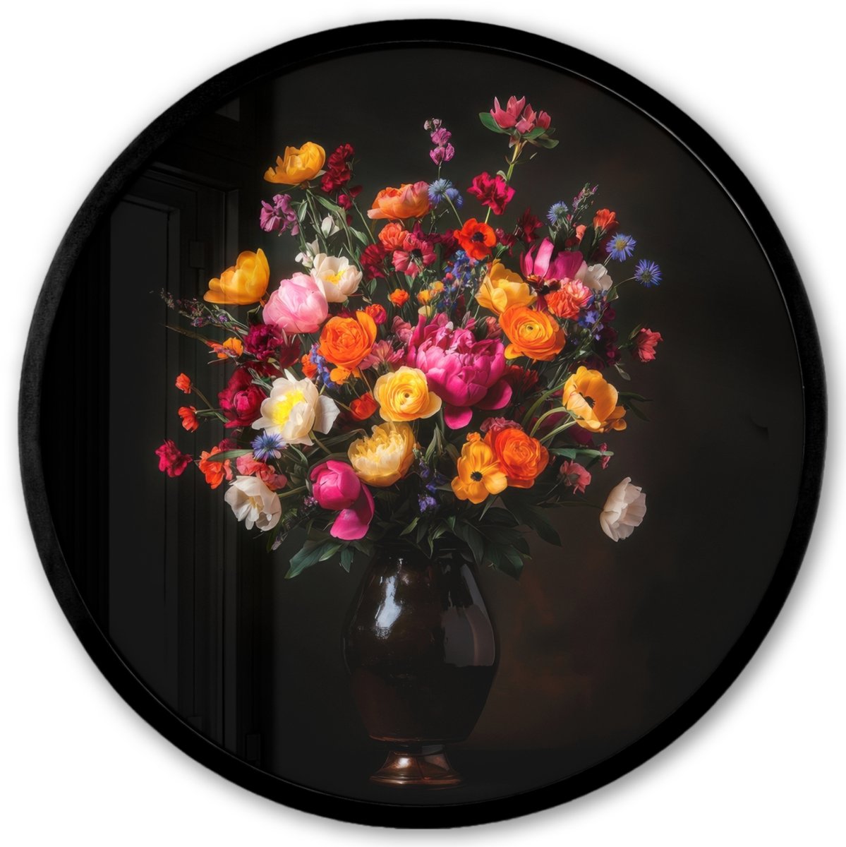 FrameYourWall Poster in lijst Rond - Fotolijst 40x40 cm - Posters - Kleurrijk - Boeket - Vaas - Donkerbruin - Ronde posterlijst zwart - Decoratie - Wanddecoratie woonkamer - Muurdecoratie slaapkamer Boeket - Bloemen 5