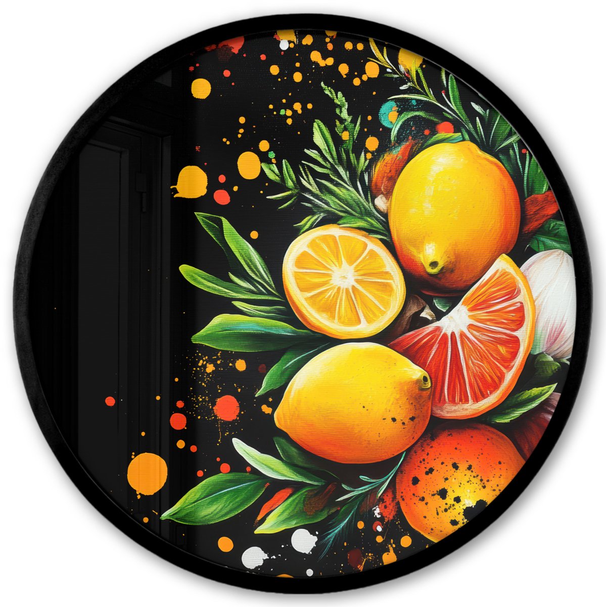 FrameYourWall Poster in lijst Rond - Fotolijst 40x40 cm - Posters - Citroenen - Zwart - Kruiden - Graffiti - Verf - Ronde posterlijst zwart - Decoratie - Wanddecoratie woonkamer - Muurdecoratie slaapkamer Graffiti - Fruit