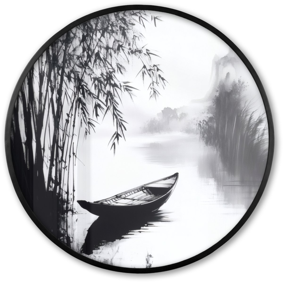 FrameYourWall Poster in lijst Rond - Fotolijst 60x60 cm - Posters - Boot - Rivier - Bamboe - Wit - Ronde posterlijst zwart - Decoratie - Wanddecoratie woonkamer - Muurdecoratie slaapkamer