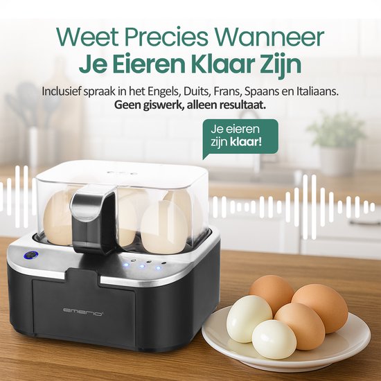 Emerio eierkoker zwart met transparante deksel, met 4 eieren. Zes eieren gekookt en een bord met 3 gekookte eieren ernaast. "Weet Precis Wanneer Je Eieren Klaar Zijn".