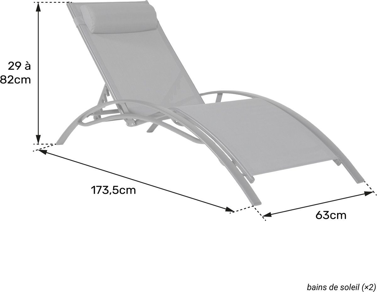 Set van 2 GALAPAGOS ligstoelen in grijs textilene - aluminium grijs antraciet