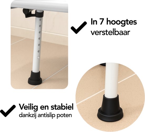 Detail van de poten van de douchestoel, met antislipvoetjes en hoogteverstelling.