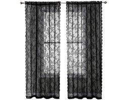 Zwarte Kant Gordijnen 100 x 200 cm - Retro Bloemen Borduurwerk Transparante Vitrage Gordijnset - Duurzame Rozen Kant Stof Gordijnen met Stan