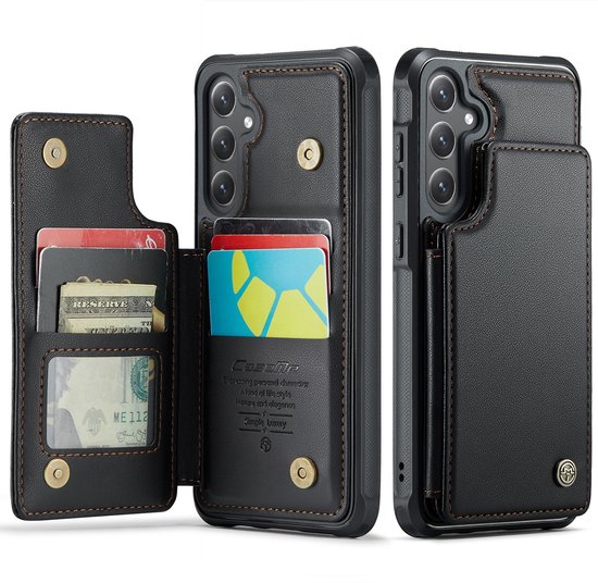 Coque de téléphone noire avec porte-cartes, double fermeture magnétique et coutures renforcées.