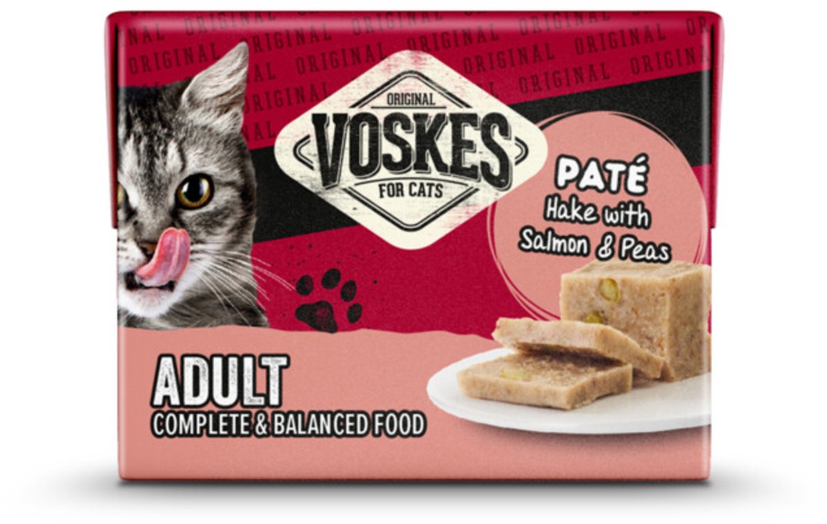 Voskes Voskes Original Paté Adult Heek & Zalm & Erwten - 8 x 8 x 95 gr - Voordeelverpakking