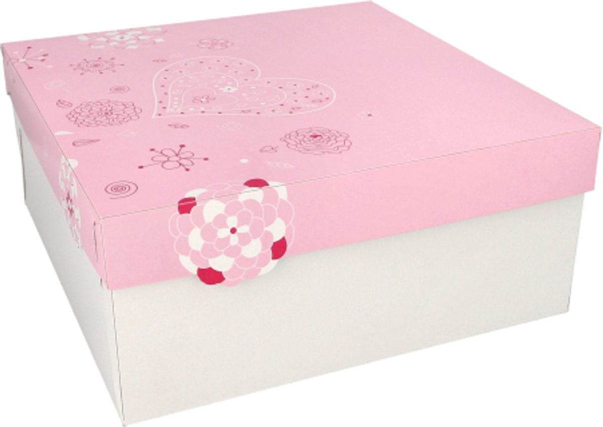 Image of 15 Kartonnen gebaksdozen met deksel hoekig 30 cm x 30 cm x 13 cm wit/rose "Lovely Flowers"