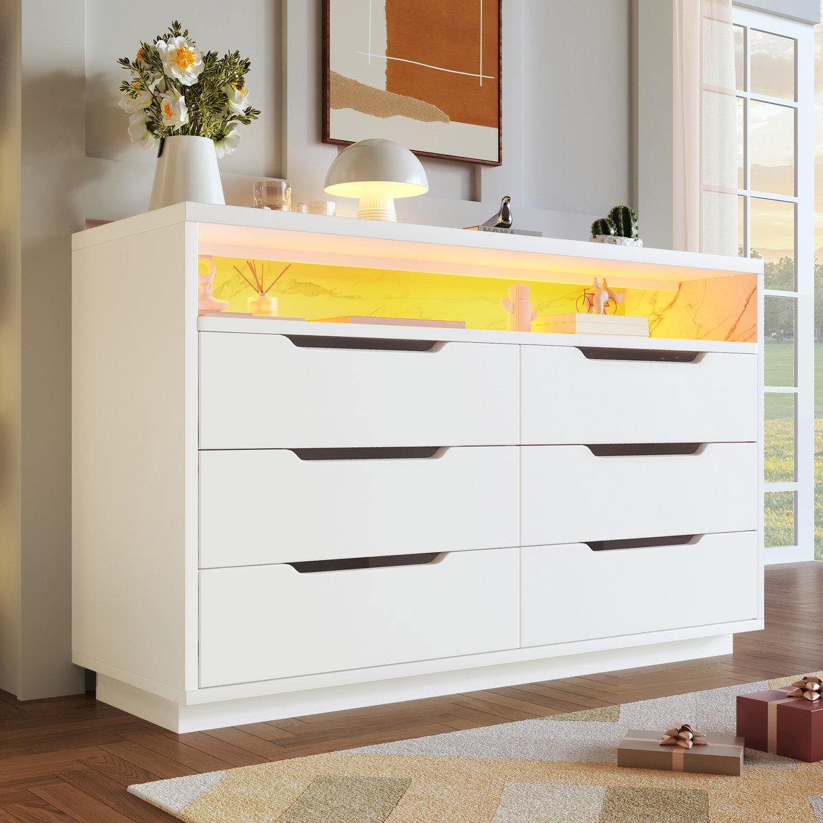 HAUSS SPOLE Dressoirs - 120x40x85 cm - Sideboard Met 6 Lades - Opbergkast Met LED Verlichting - MDF - Wit