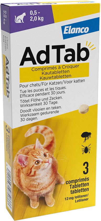 Doos AdTab kauwtabletten voor katten 0,5 - 2,0 kg. Afbeelding van een oranje kat, vlooien, teken en een tablet. Toont '3 tabletten' en gewicht.
