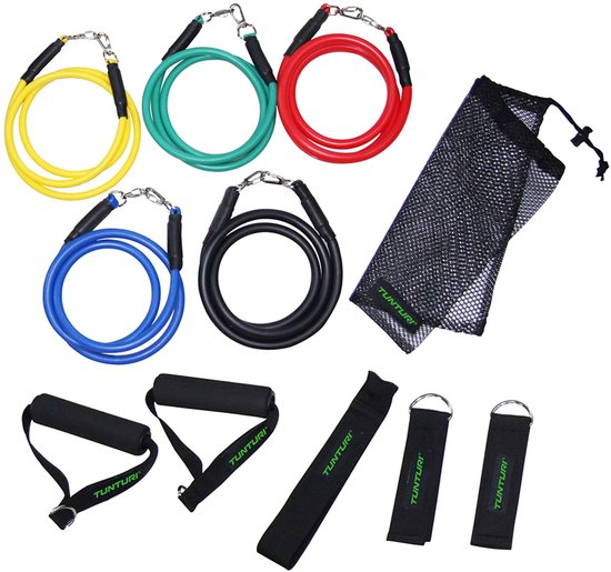 Tunturi Resistance Band Set - Weerstandsbanden - Fitness elastiek - 5 stuks + Accessoires - Incl. gratis fitness app