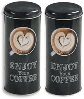 Kesper Koffie bewaarblik voor pads - 2x - Enjoy your coffee - metaal - zwart - drukdeksel - D8 x H17 cm