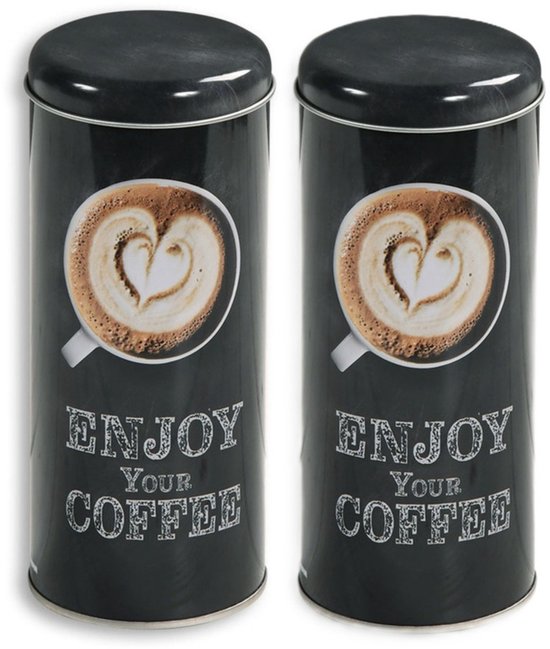 Boîte de rangement pour dosettes de Café Kesper - 2x - Enjoy votre café - métal - noir - couvercle à pression - D8 x H17 cm
