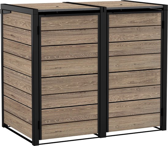 Deux abris poubelles fermés avec lamelles imitation bois et cadre noir.
