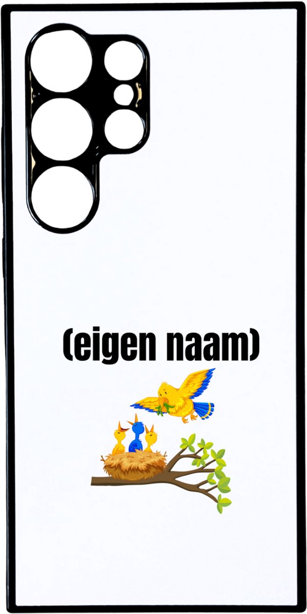 Hacebo® - vogels en nest met eigen naam telefoonhoesje - Vogels - dieren liefhebber - telefoonhoesjes - iemand die houdt van vogels - verjaardag - cadeau - kado - geschenk - hoesje geschikt voor Samsung Galaxy S24 Ultra