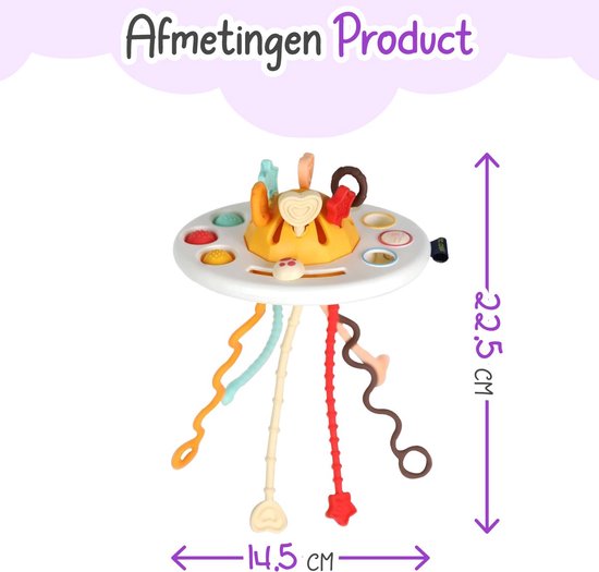 Wit, rond babyspeeltje met geel middenstuk en gekleurde touwtjes. Afmetingen: 14.5 cm x 22.5 cm.