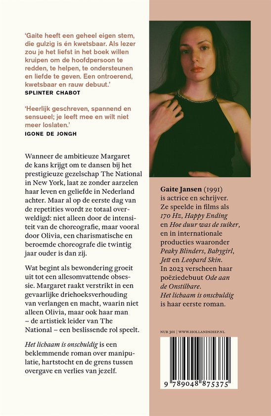 Gaite Jansen in een close-up op de schouders en nek, kijkend naar de camera, met tekst over de roman 'Het lichaam is onschuldig'.