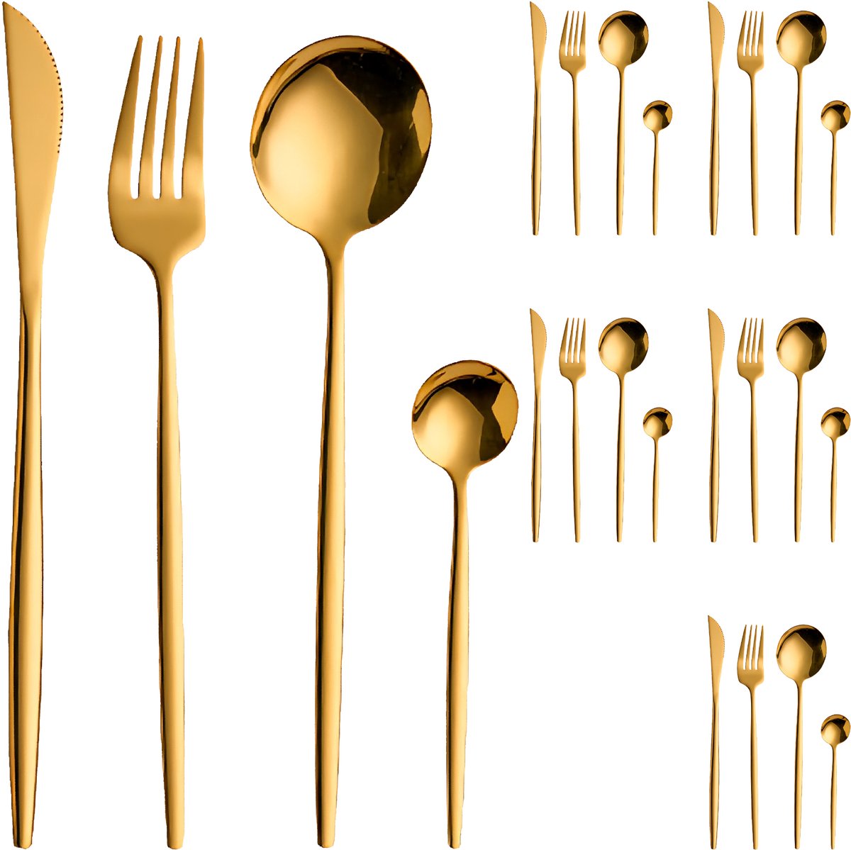 Somstyle 6 Persoons Bestekset - 24-Delig - Messen, Vorken, Lepels & Theelepels - RVS Bestek - Dessertlepels - Goudkleurig